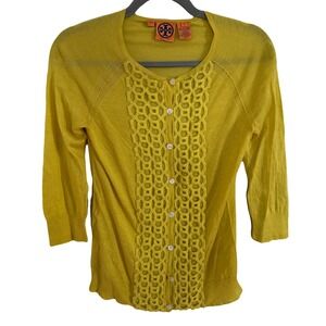 Tory Burch Yellow Crocheted Front 3/4 Sleeve Button Up Cardigan Sweater Medium